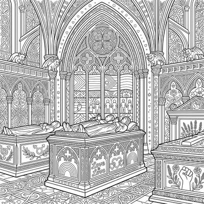 Immerse yourself in a beautifully intricate coloring page featuring grand cathedral tombs reimagined for Pride Month. Discover a unique blend of solemn Gothic architecture and vibrant symbols of love, diversity, and community.