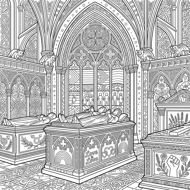 Immerse yourself in a beautifully intricate coloring page featuring grand cathedral tombs reimagined for Pride Month. Discover a unique blend of solemn Gothic architecture and vibrant symbols of love, diversity, and community.