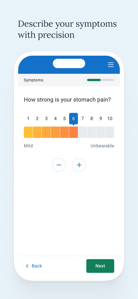 Interfaz de la aplicación Symptomate que muestra una escala numérica del 1 al 10 para medir la intensidad del dolor de estómago