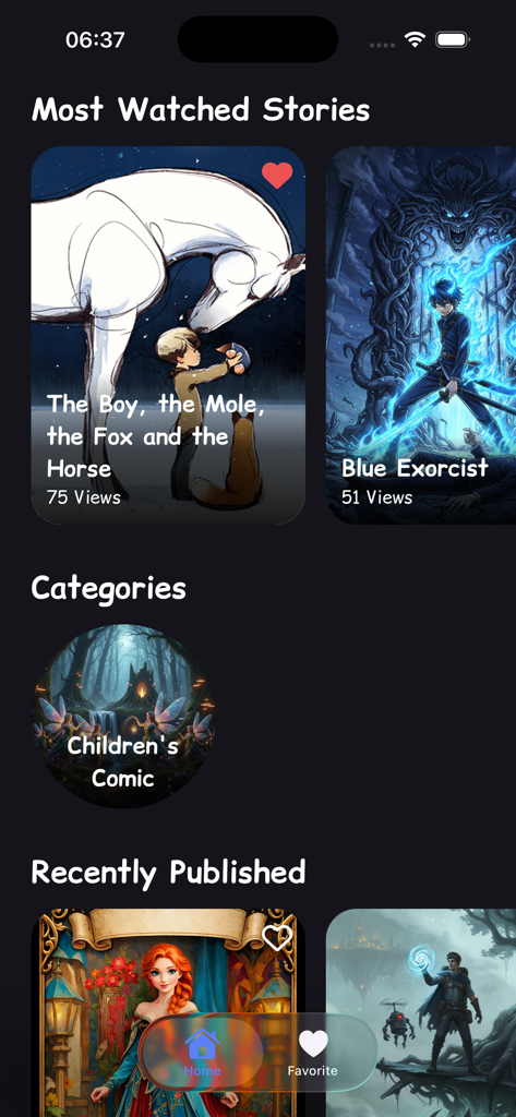 Magic World: Kids Books & Read - 매직 월드 앱 인터페이스에 어린이 이야기 및 책 카테고리 라이브러리가 표시됨