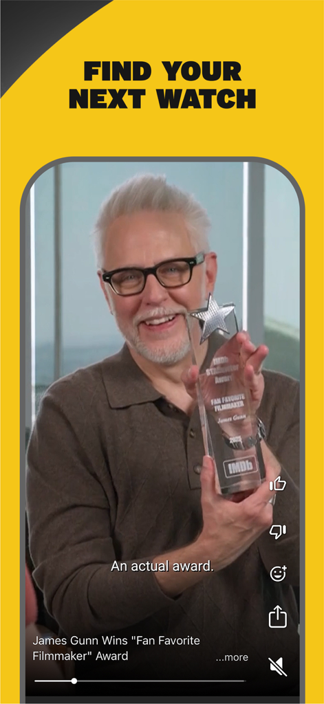 IMDb: Movies & TV Shows - IMDb app screen showing filmmaker James Gunn holding a Fan Favorite award for movie discovery.