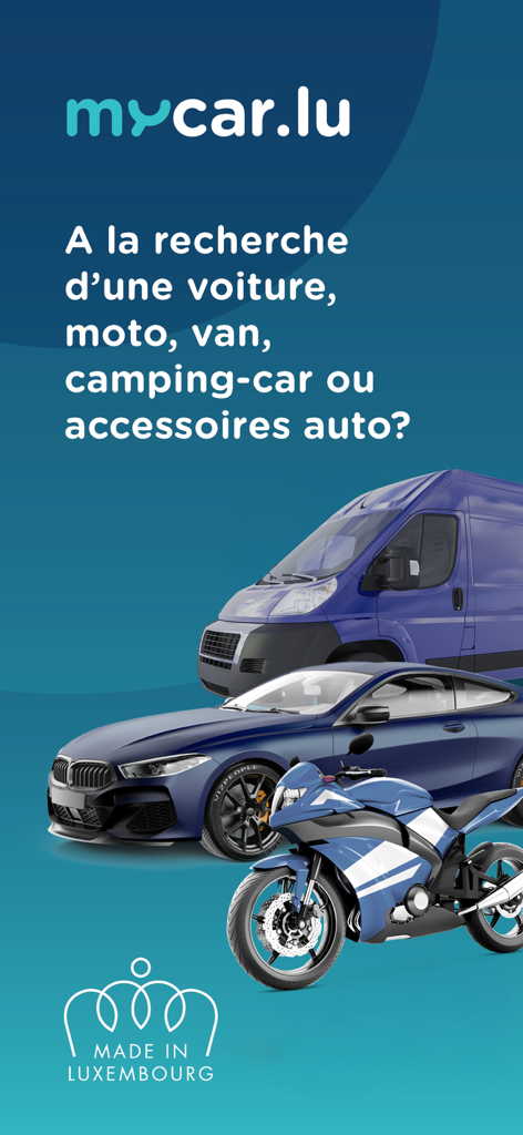 Mycar.lu - Mycar.lu app splash screen featuring a car van and motorcycle in Luxembourg