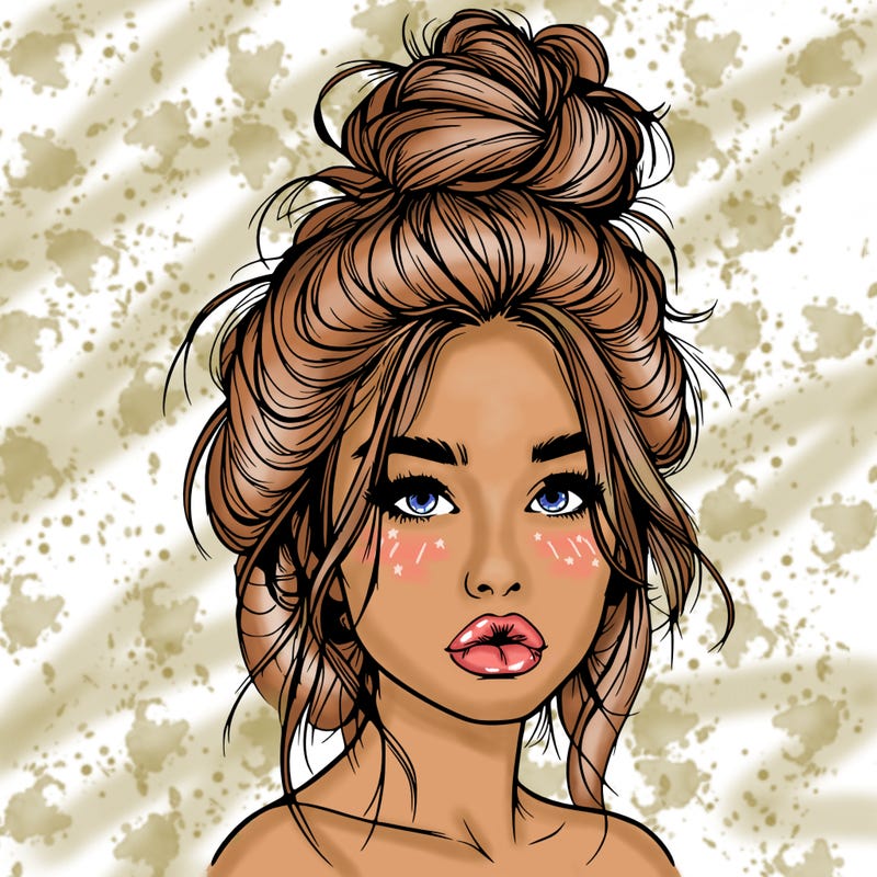 realistic girl with a messy bun and she has lips