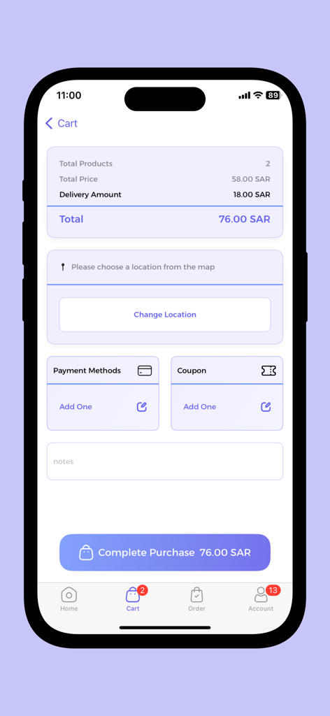 طلباتي بلس - The checkout screen of the Talabati Plus mobile app displaying the order summary and total price