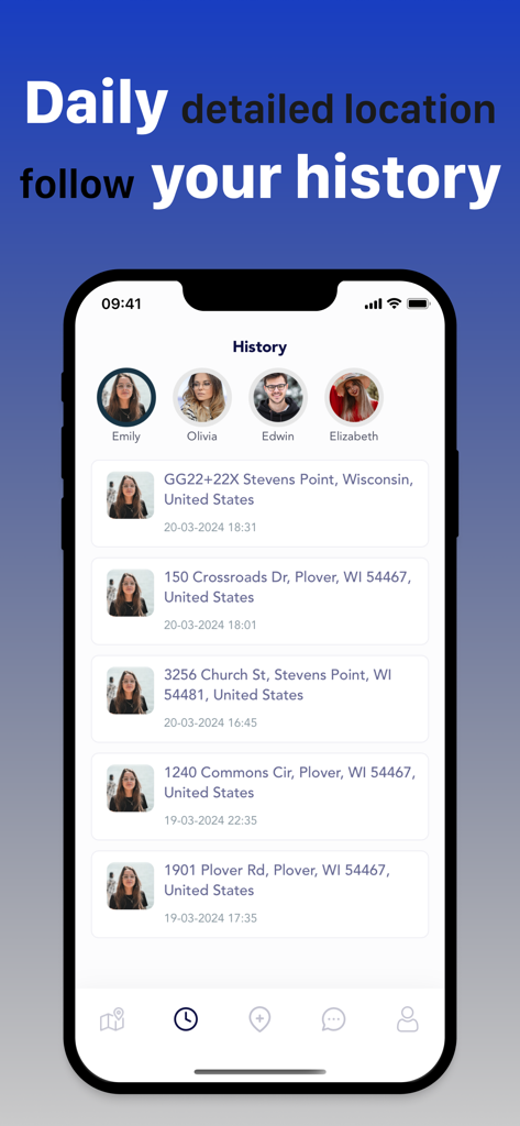 Location Finder - LocateX - Mobile screen showing a chronological history of locations and timestamps for an app user