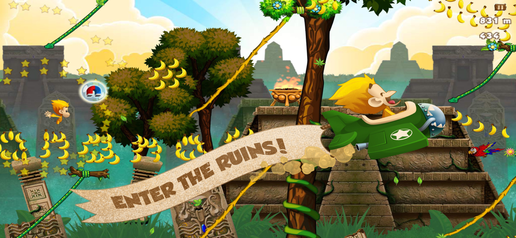 Benji the monkey flying a green plane over jungle ruins to collect bananas