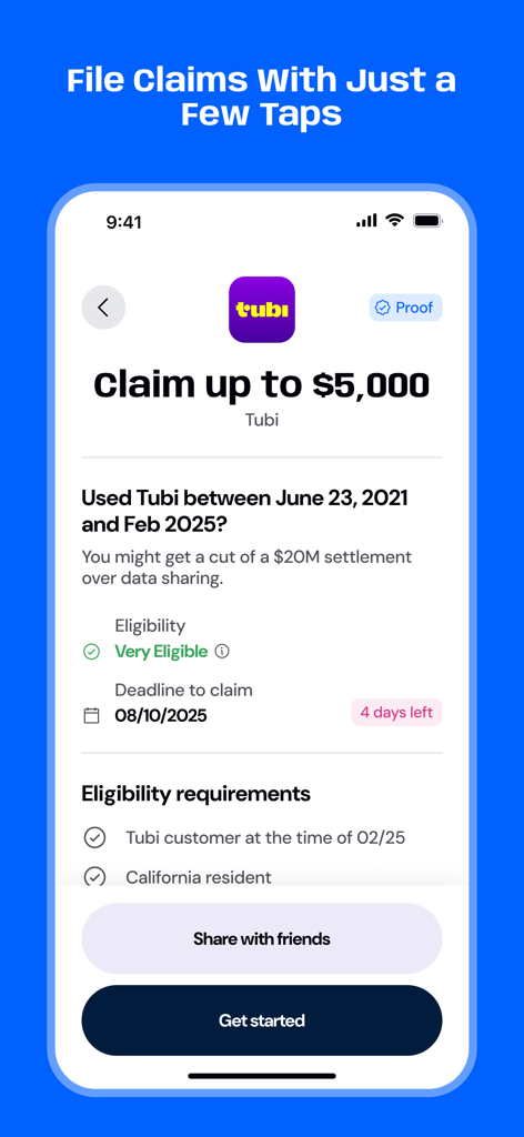 Settlemate: Class Actions - Settlemateアプリのインターフェースに、Tubiのクラスアクション訴訟の請求が表示され、適格性に関する詳細と5000ドルの潜在的な支払いが示されています。