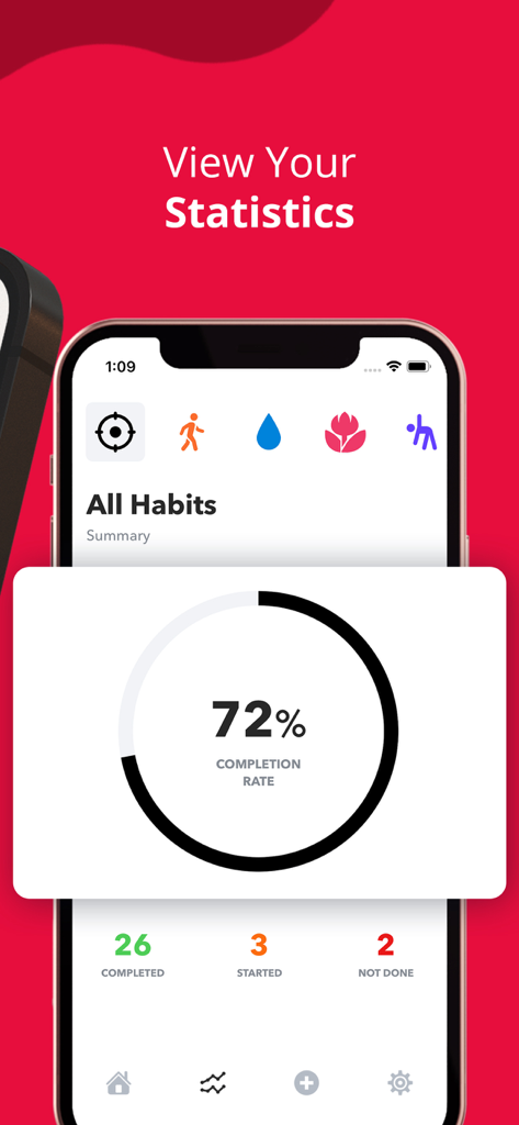 HabitMinder • Habit Tracker - HabitMinder app screen showing daily habit statistics and a 72 percent completion rate.