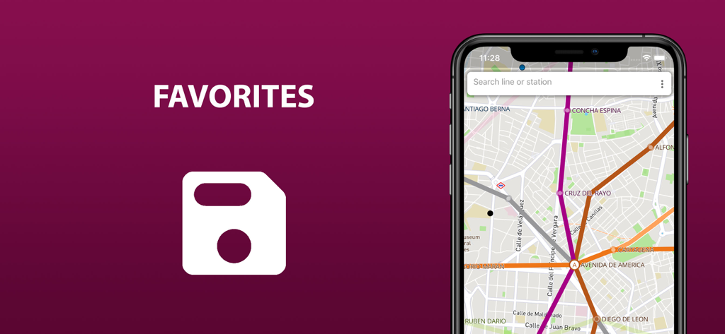 Interfaz de la aplicación de transporte público de Múnich que muestra la función de favoritos con un mapa y una barra de búsqueda.