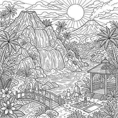 Immerse yourself in a vibrant summer scene with this intricate coloring page featuring powerful volcanic waterfalls and lush tropical landscapes. Discover families enjoying a perfect day out, complete with picnics and scenic bridges, all awaiting your creative touch.