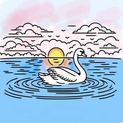 a swan gliding across a misty lake at dawn, with gentle ripples trailing behind. the swan's reflection is visible in the water, and there are dark clouds overhead hinting at an incoming storm.