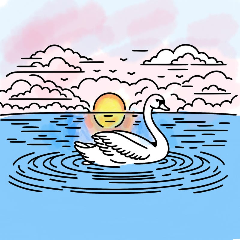 a swan gliding across a misty lake at dawn, with gentle ripples trailing behind. the swan's reflection is visible in the water, and there are dark clouds overhead hinting at an incoming storm.