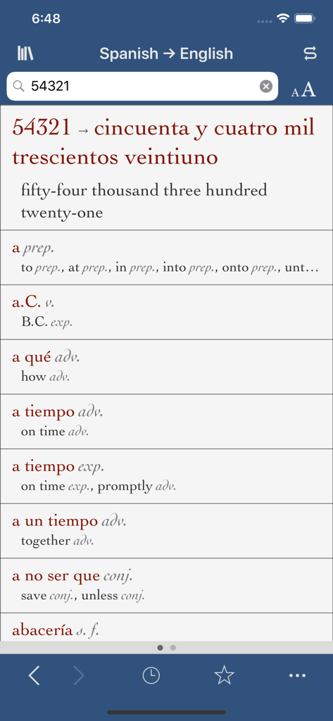 Captura de pantalla de la aplicación de diccionario Ultralingua Español-Inglés que muestra una traducción numérica y una lista de vocabulario.