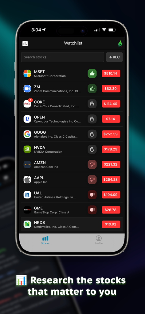 Unvault AI mobile app showing a watchlist of stocks with AI sentiment ratings