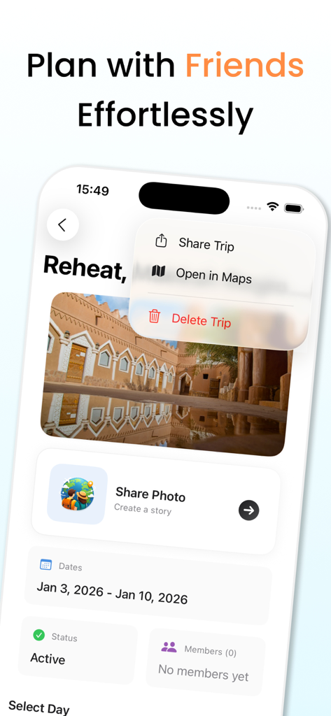 Trip Together: AI Travel Guide - Eine mobile App-Oberfläche zur Planung von Reiseplänen mit Freunden, mit einem Menü zum Teilen von Reisen und Reisedaten.