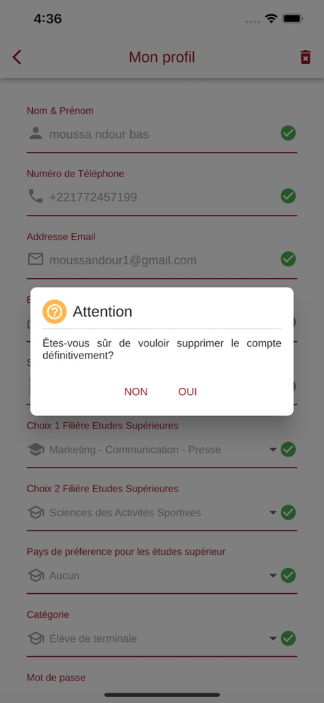 Bac en Poche Senegal - Alerte de confirmation pour supprimer définitivement le compte sur l'écran de profil de l'application Bac en Poche Sénégal.