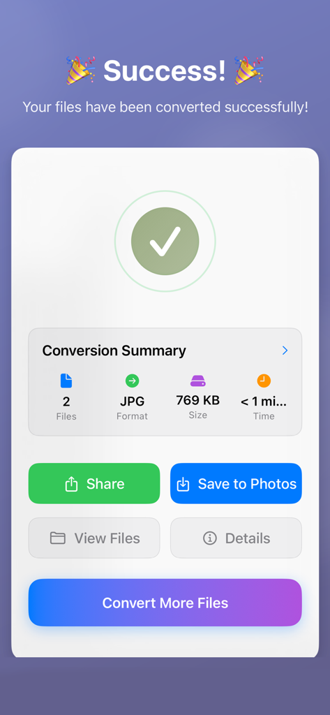 WebP to PNG & JPEG Converter - Schermata di conferma che mostra la riuscita conversione delle immagini da WebP a JPG