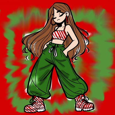 girl in baggy pants crop top and long hair