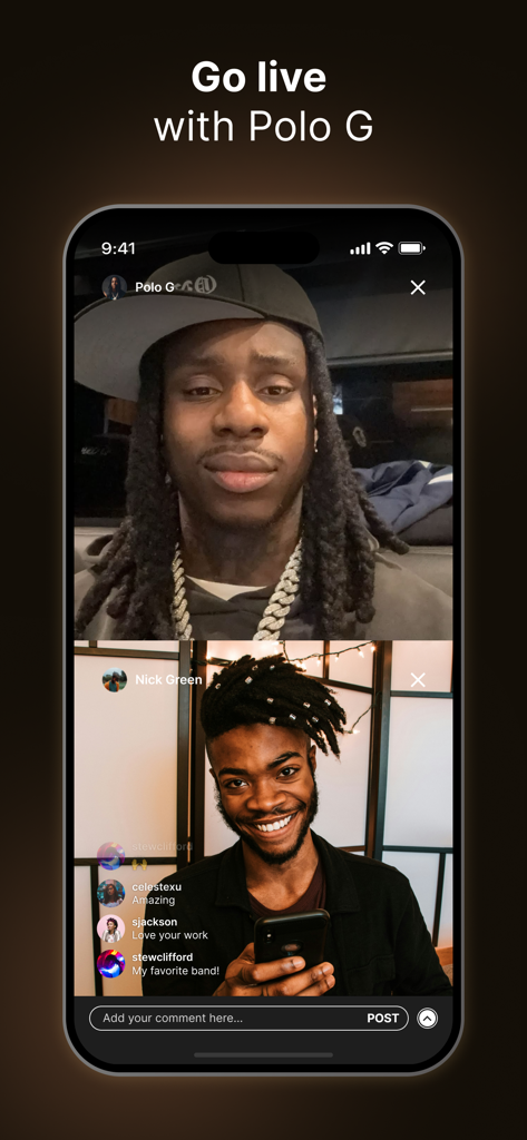Polo G - Official App - A mobile screen showing a live video stream between Polo G and a fan with real time chat comments
