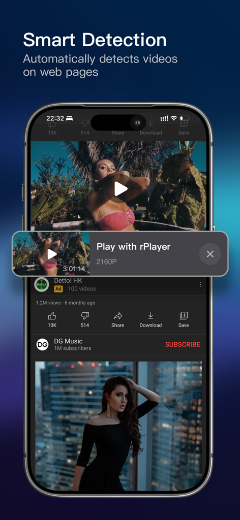 iPhone screen showing rPlayer smart video detection feature on a web page