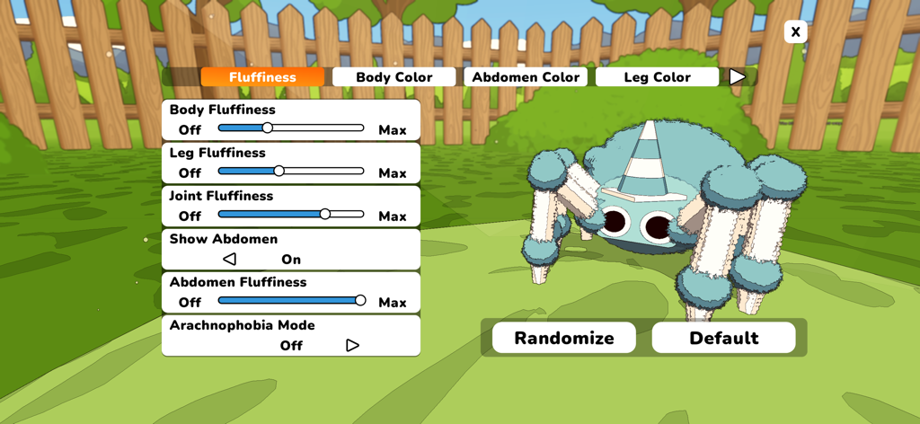 Menu di personalizzazione del personaggio per Silky il ragno che mostra cursori di morbidezza e impostazioni della modalità aracnofobia