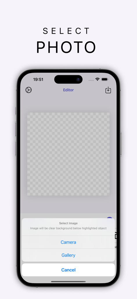 背景透過アプリのインターフェースで、カメラまたはギャラリーから画像を選択するポップアップメニューが表示されている