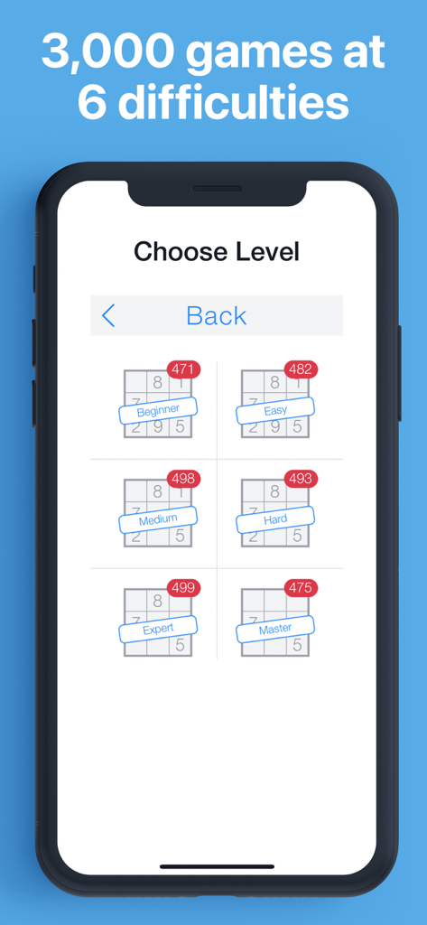 Pure Sudoku: The Logic Game - Pure Sudoku app screen showing six puzzle difficulty levels from beginner to master