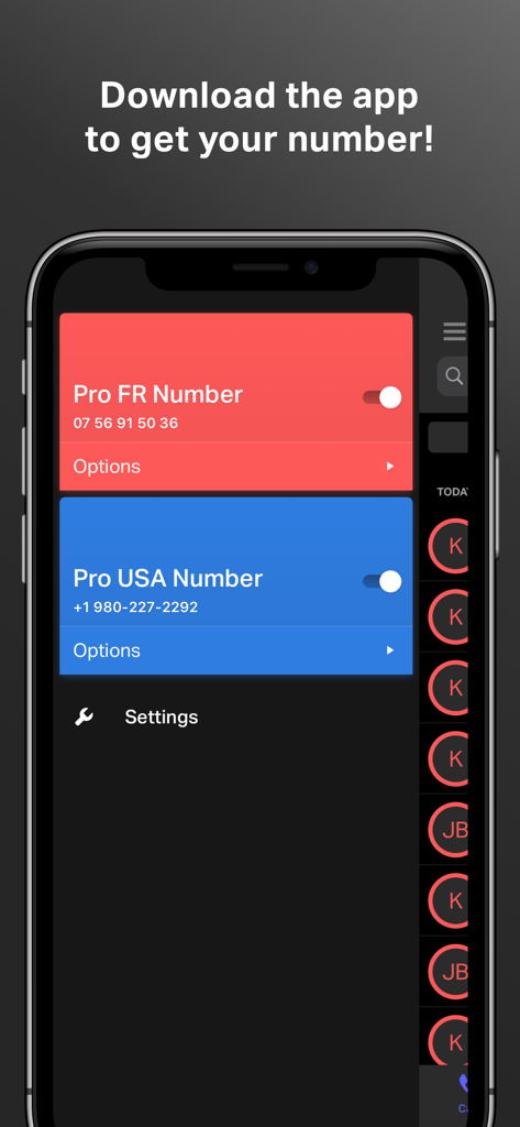 Onoff Business app interface showing professional French and USA virtual phone numbers on a single smartphone screen.