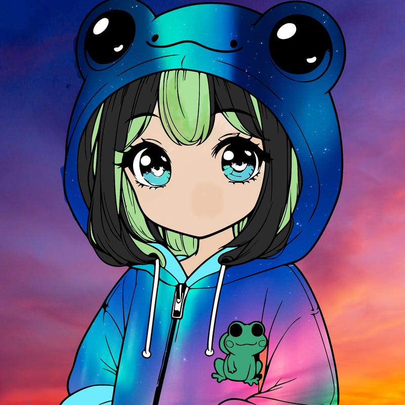 cute realistic girl in a froggy hoodie