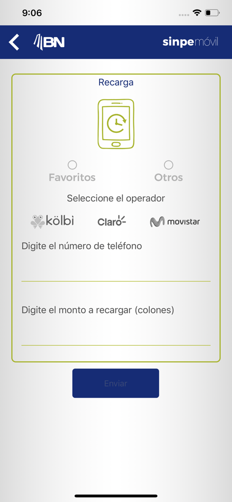 Interface of the BN SINPE Movil app showing the mobile phone recharge screen for operators like Kolbi and Claro