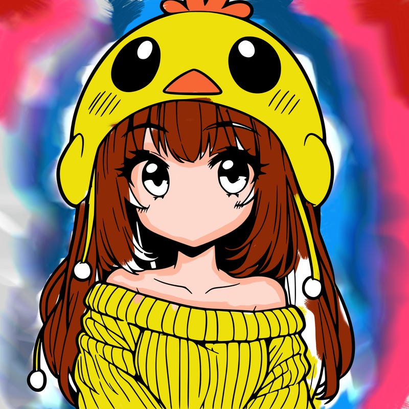 anime girl with chick shaped hat with sweater with bare shoulders with bangs covering them one eye with low tail
