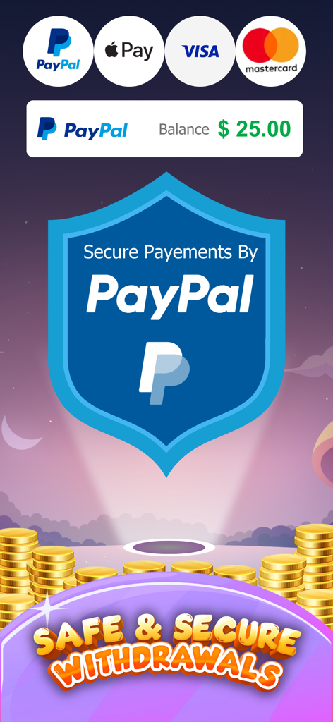 Crossword Cash Earn Word Games - Crossword Cash app screen showing secure withdrawal options via PayPal Apple Pay and credit cards