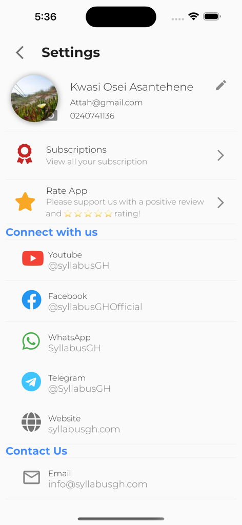 Syllabus GH - Pasco/Books/Quiz - Settings screen of the Syllabus GH educational app showing user profile details and social media contact links