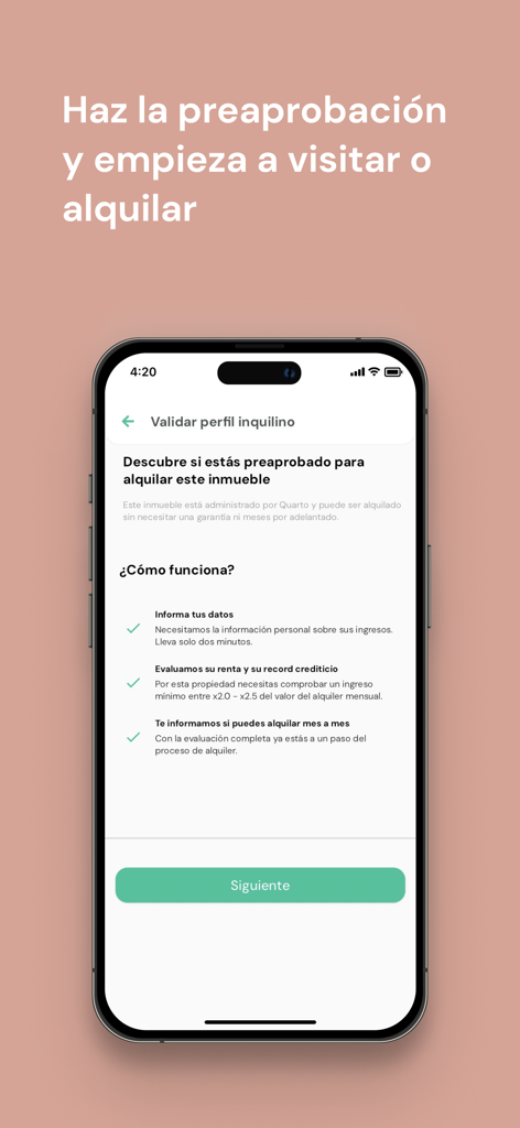 Quarto - Una pantalla móvil de la app Quarto mostrando los pasos para la preaprobación de inquilinos en el mercado de alquiler venezolano.