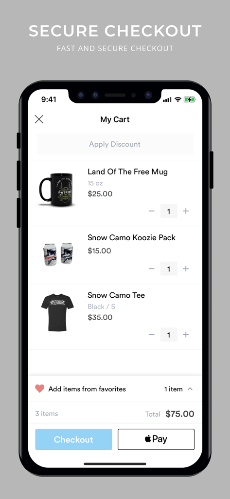 ENRFORCE - Enrforce app shopping cart interface showing patriotic gear including a mug and t-shirt with secure checkout options
