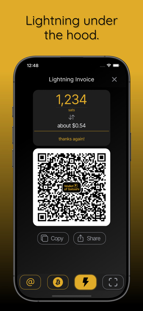 Wallet of Satoshi 앱 스크린샷, QR 코드가 있는 비트코인 라이트닝 송장 표시