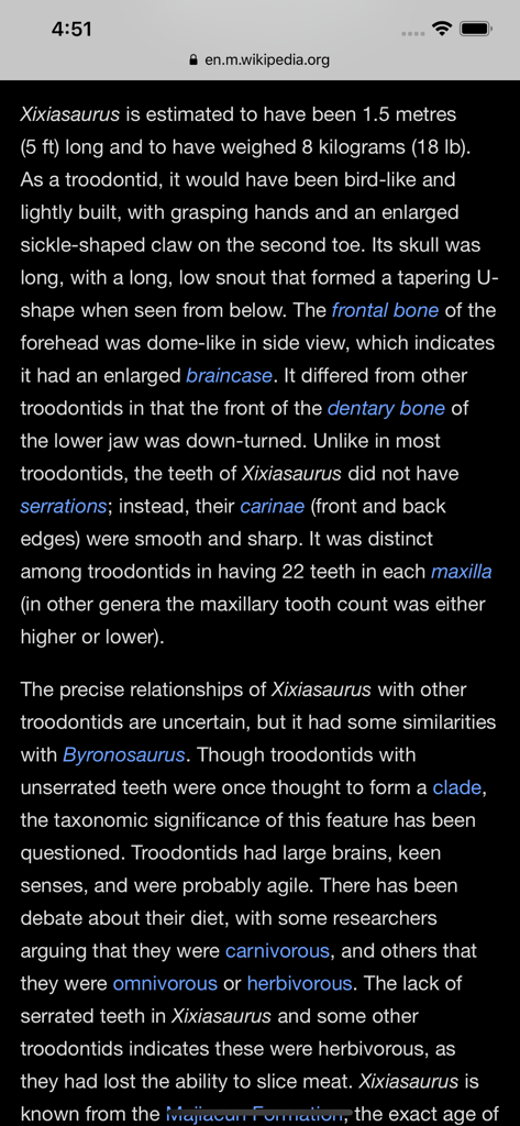 Artigo da Wikipédia exibido no modo escuro em um iPhone usando a extensão do Safari