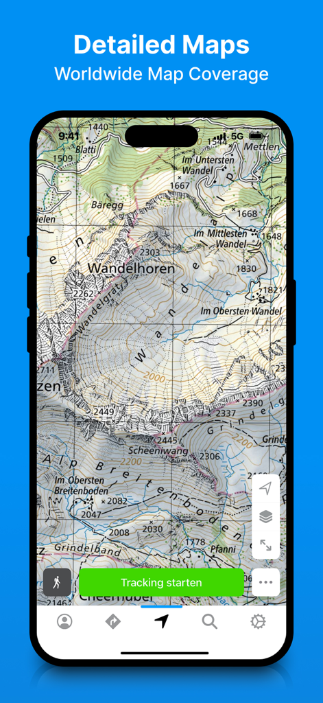 bergfex: Hiking & Tracking - Detailed topographic map display in the bergfex hiking and tracking app