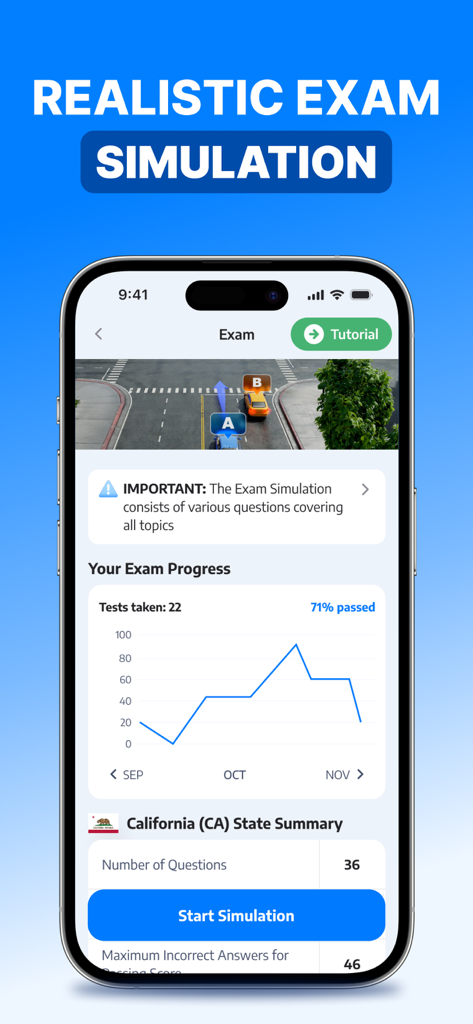 DMV Permit Practice Test: Luma - Interface of the DMV Permit Practice Test app showing exam simulation and progress tracking for California
