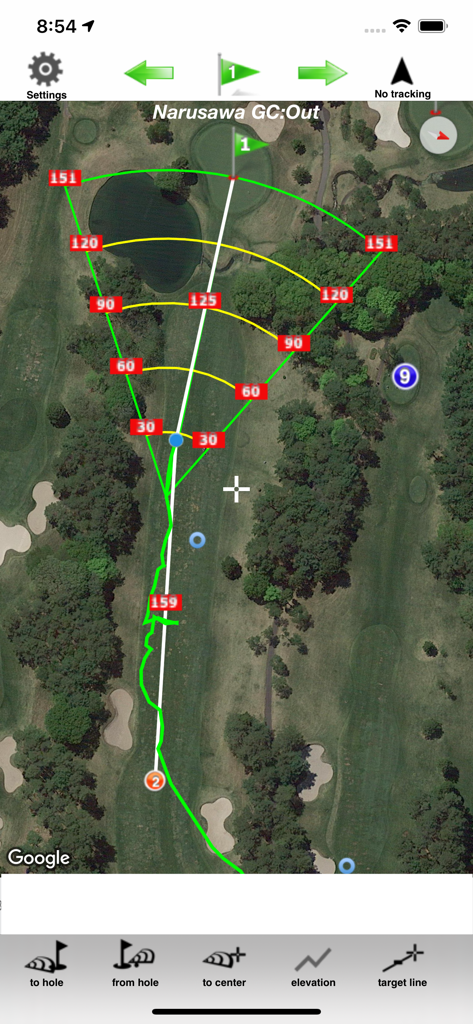 Golf GPS satellite map view with yardage markers distance arcs and shot tracking lines for course navigation