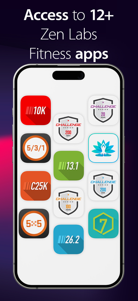 Smartphone screen displaying various Zen Labs fitness apps like C25K and 10K