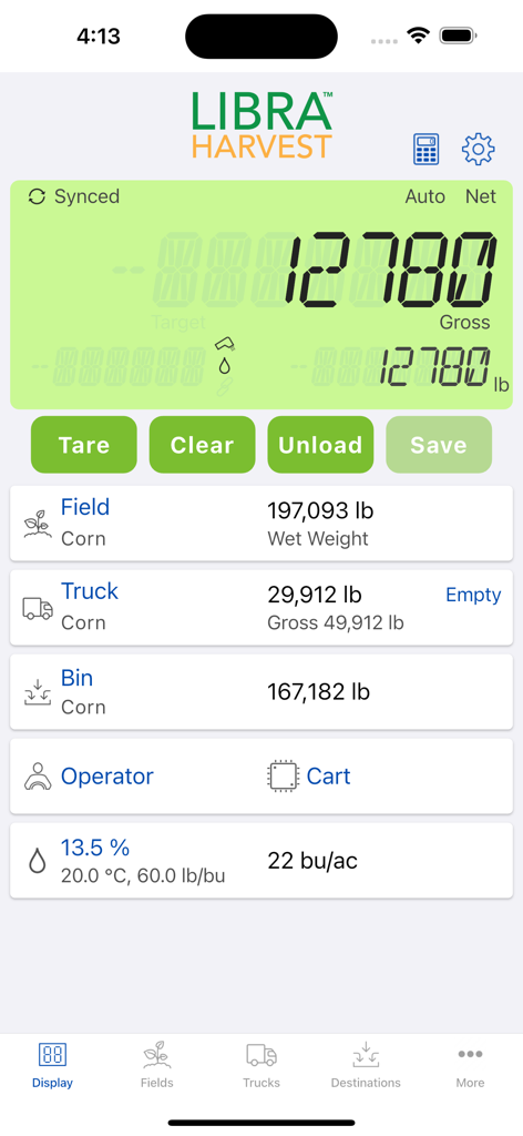 Libra Harvest app interface displaying real-time grain weight and field tracking data