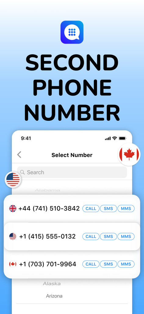 Interface de aplicativo móvel para escolher números de telefone internacionais dos EUA, Reino Unido e Canadá com opções de chamadas e mensagens de texto.