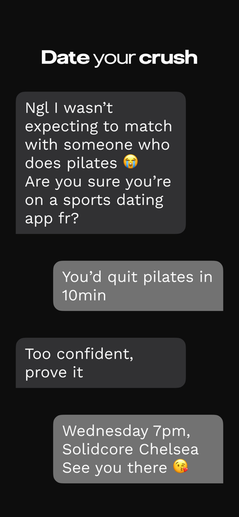 bpm - sport & athletes dating - A chat conversation on the bpm dating app where two athletes challenge each other to a pilates workout date
