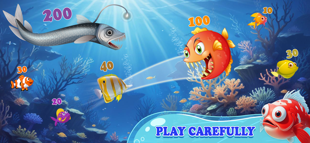 Fish Eat Fish Hunting Games - Peces de dibujos animados coloridos en una escena submarina con valores de puntos y el texto Juega con Cuidado.