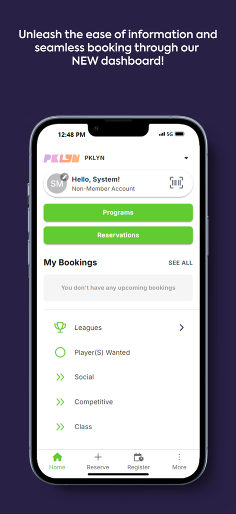 PKLYN app dashboard for pickleball court reservations and league bookings