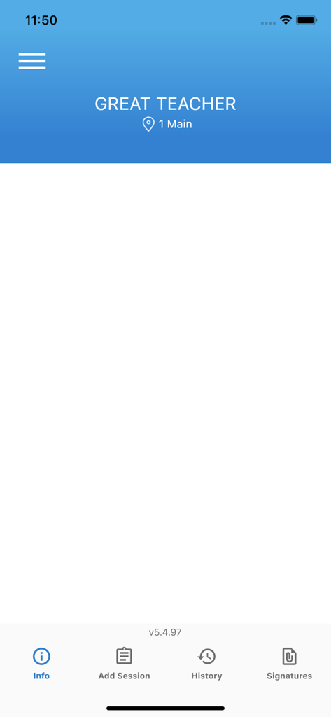 Main interface of the DRAGON Special Ed app with navigation options for adding sessions and viewing history.