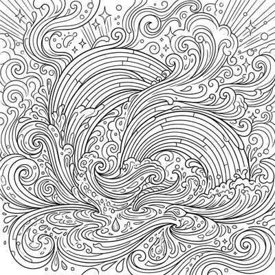 Immerse yourself in a vibrant world of swirling water and shimmering mist with this intricate Rainbow Sprays coloring page, designed especially for creative teens. Its dynamic composition and detailed line art offer a captivating coloring experience for older kids and young adults.