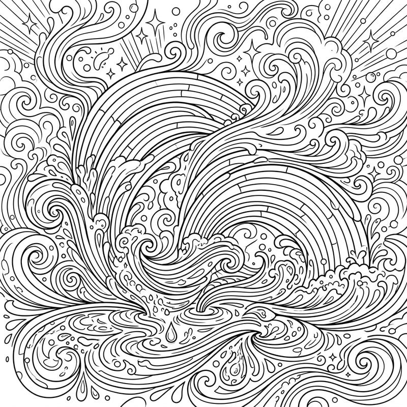 Immerse yourself in a vibrant world of swirling water and shimmering mist with this intricate Rainbow Sprays coloring page, designed especially for creative teens. Its dynamic composition and detailed line art offer a captivating coloring experience for older kids and young adults.