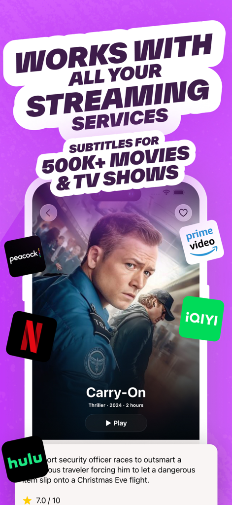 A promotional screen for the Wordy app showing its compatibility with Netflix, Hulu, Prime Video, and other streaming platforms for language learning through movie subtitles.
